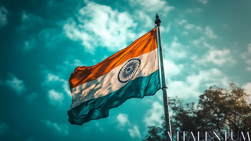 Indian national flag on pole against soft cloudy sky.