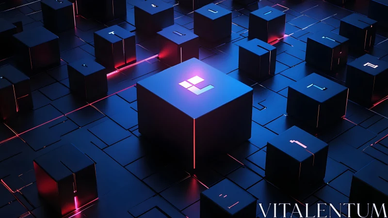 Futuristic glowing cubes on digital grid in neon cyberpunk style.
