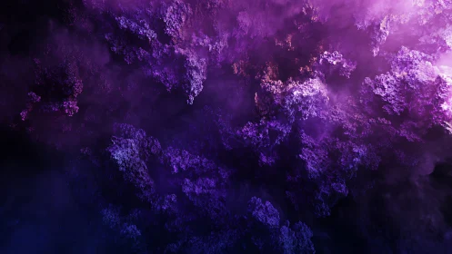 Fractal purple formations occupy a clouded digital space