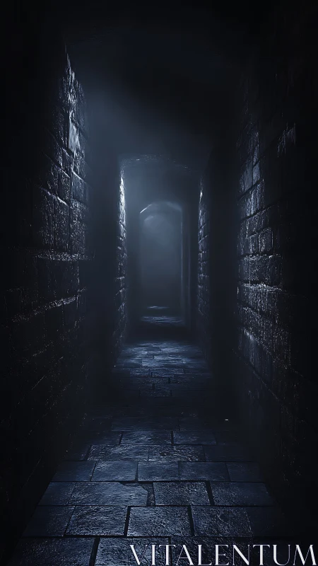 Dark stone corridor extends into soft distant light