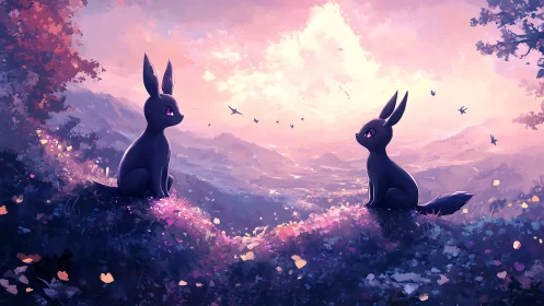 Twin shadow rabbits gaze across a luminous twilight valley