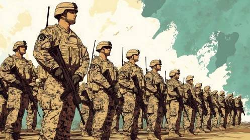 Ranks of modern soldiers march beneath painted desert sky.