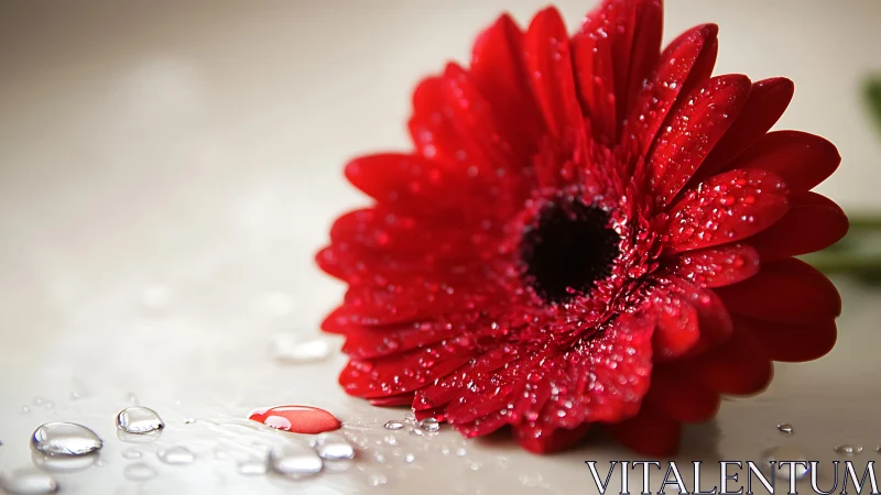 Red Gerbera Daisy with Water Droplets.