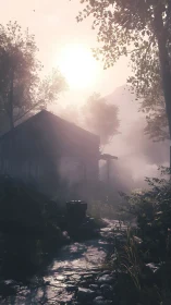 Backlit forest cabin emerges through volumetric dawn fog
