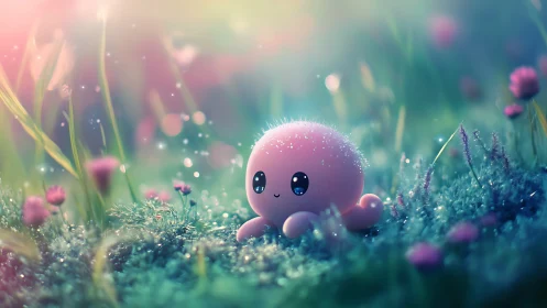 Pink cartoon octopus sits on dewy grass among small flowers