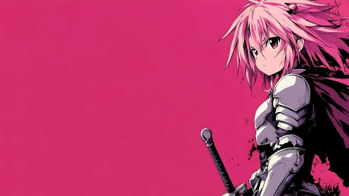 Pink haired anime knight resting quietly with drawn sword.