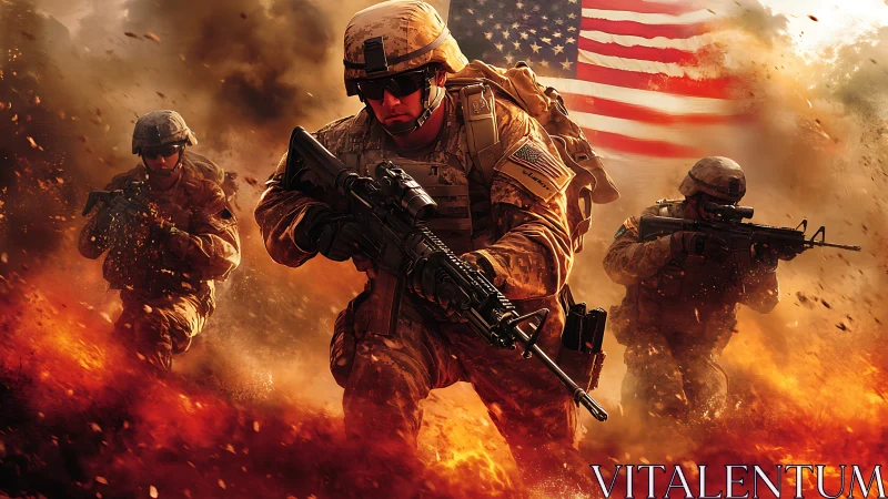 Modern infantry unit advancing through fiery battlefield.