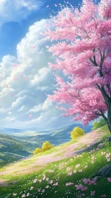 Landscape scene shows pink blossom tree on inclined meadow