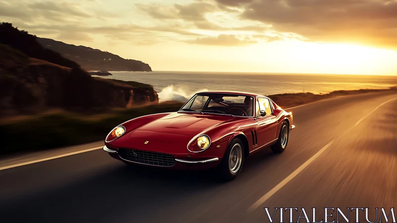 Red vintage sports car powers along coastal highway at sunset.