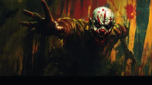 Bloodstained nightmare clown lunges from smeared shadows.