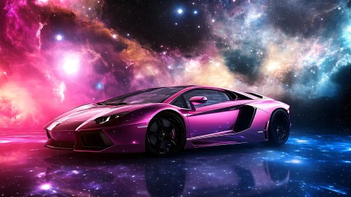 Cosmic magenta supercar drifting through neon starlit void.