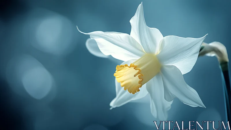 White daffodil with golden trumpet center on blue background.