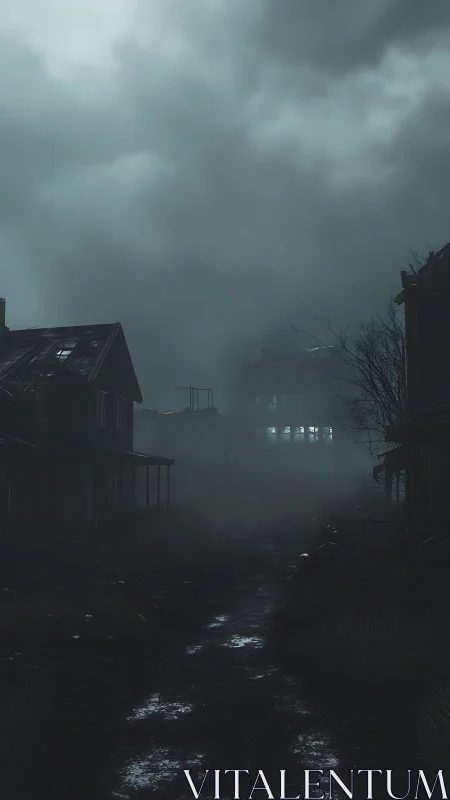Fog-filled abandoned street shows derelict houses at dusk