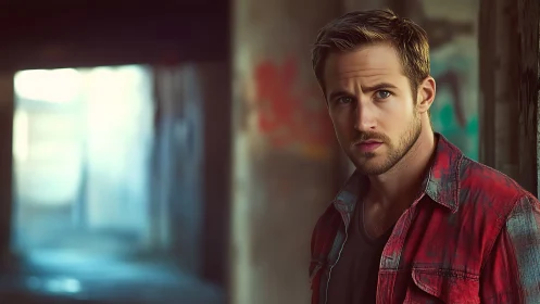 Brooding man in red jacket under moody urban light.