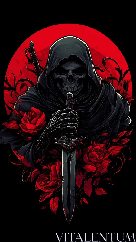 Hooded skeletal reaper with ornate sword and red roses halo