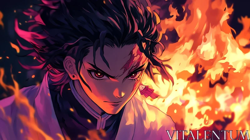 Blazing resolve sharpens in an ember-bright warrior gaze