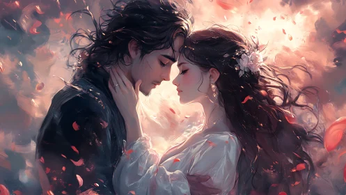 Ethereal lovers embrace amid fiery light and swirling energy.