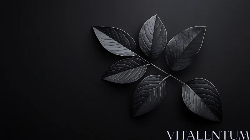 Monochrome leaf branch on smooth dark background surface.