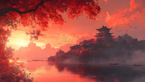 Sunset illuminates pagoda complex beside reflective lake