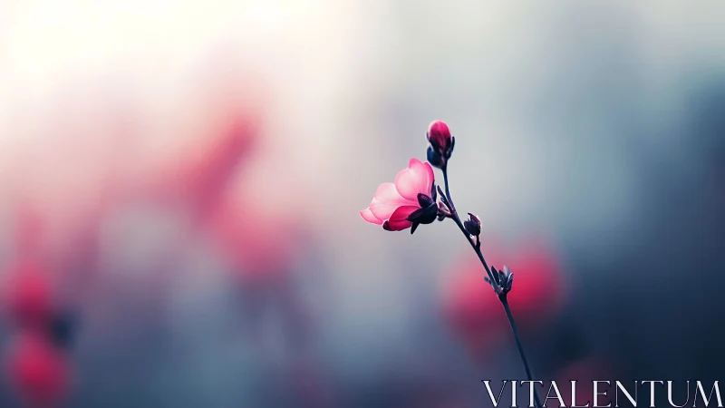Single pink flower stem is isolated against blurred cool background