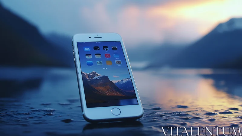 White iPhone on Lake with Mountain Backdrop.