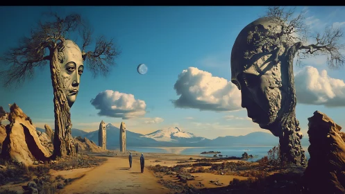 Colossal head monoliths dominate surreal coastal desert vista.