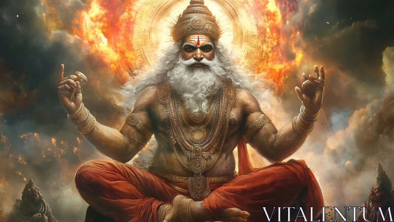 Mythic ascetic deity in fiery meditative atmospheric field.