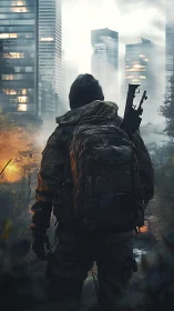 Armed figure in tactical gear facing foggy city ruins.