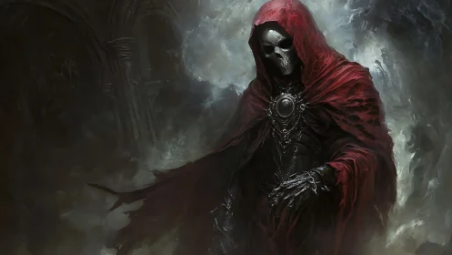 Hooded skeletal warlock emerges from swirling cathedral mist