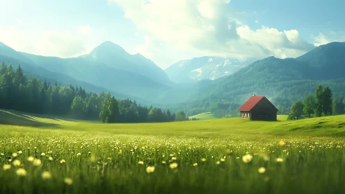 Mountain meadow cabin under soft atmospheric backlight.