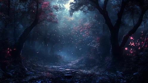 Bioluminescent forest pathway with particulate atmospheric conditions.