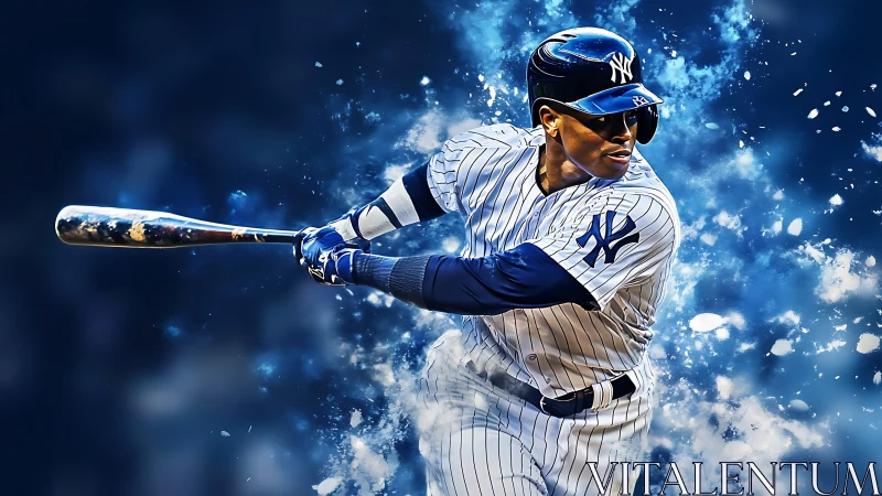 Baseball batter in pinstripes swings bat amid blue splashes