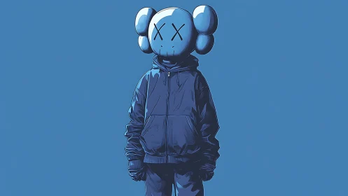 Blue vinyl mascot in hoodie against flat minimal backdrop.