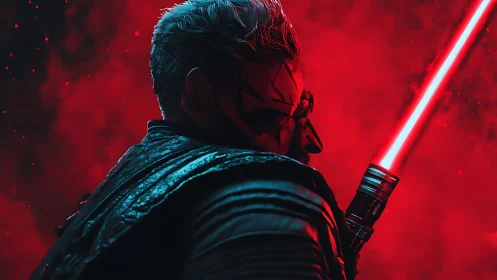 Crimson warrior ignites neon blade in storm of red fury.