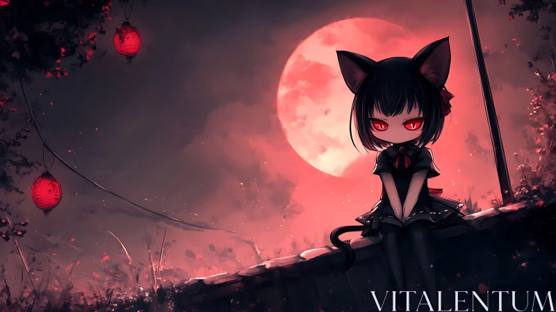 Cat-eared gothic girl under blood moon with red lanterns.