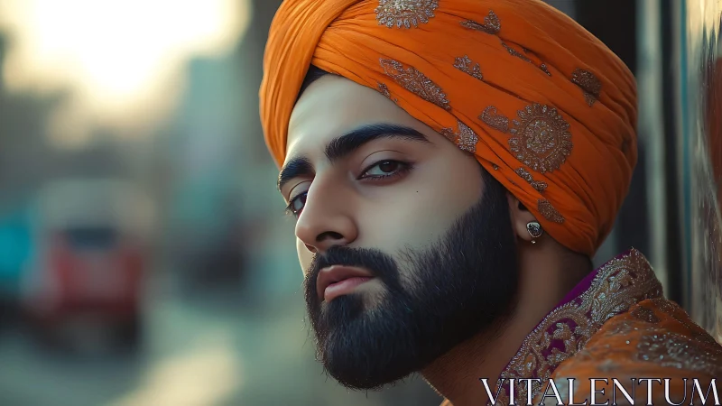 Regal portrait of turbaned man in warm evening bokeh light.
