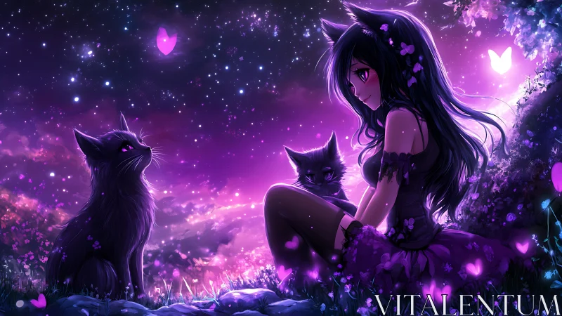 Ethereal figure with luminous cats in radiant mystical environment.