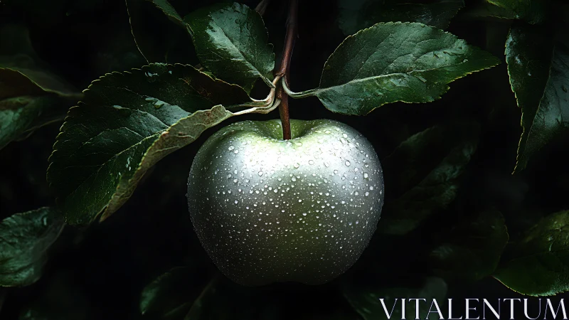 Metallic dew-soaked apple suspended in shadowed foliage.