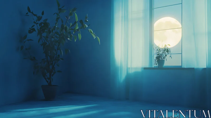 Moonlit houseplants quietly rehearse a private sea of blue