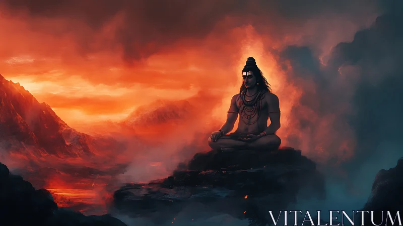 Meditating deity figure amid fiery mountains at dusk.