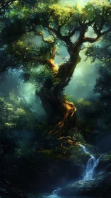 Ancient Tree with Luminous Canopy in Misty Forest Ecosystem