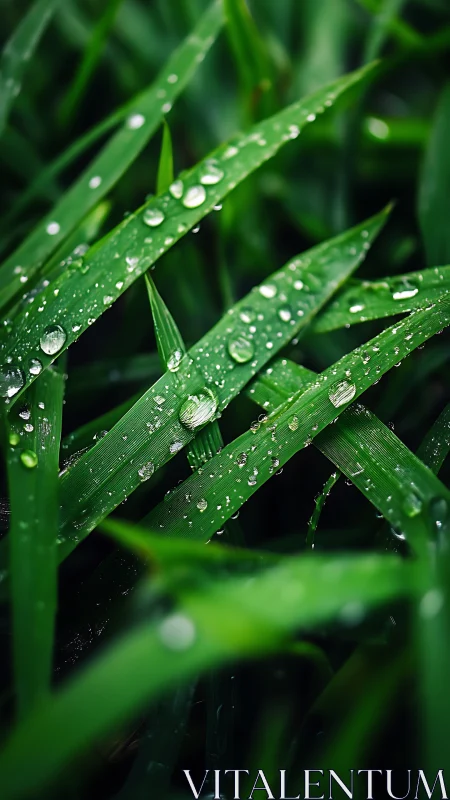 Gentle morning raindrops resting on vivid green grass.