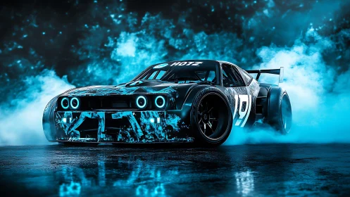 Neon drift race car in cyan smoke with cinematic lighting.