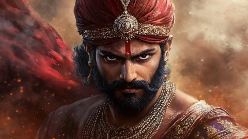 Warrior king stares forward with jeweled crown and crimson turban