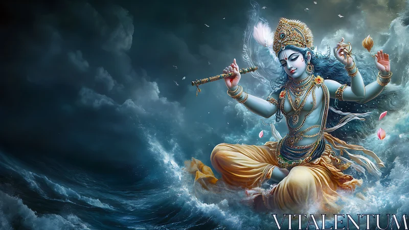 Celestial blue musician dancing with waves and starlight.