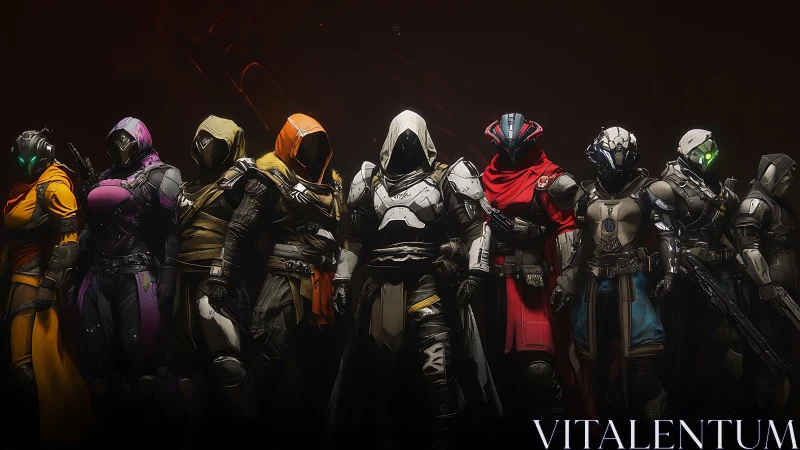 Futuristic armored strike team lineup in moody rim lighting.