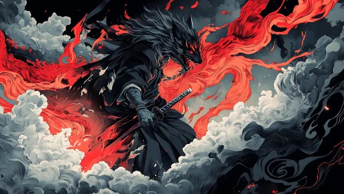 Lycanthrope swordsman in infernal smoke with red energy trails