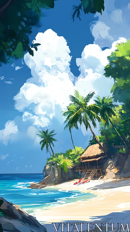 Tropical Beach Illustration with Palm Trees and Thatched Cabin