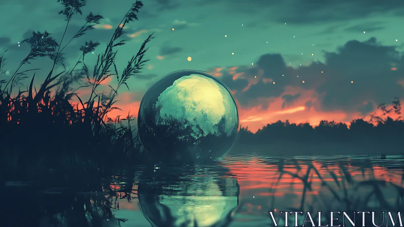 Luminous crystal sphere rests on twilight forest lake.