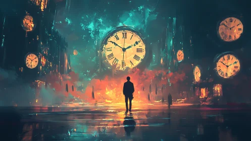 Midnight wanderer moves gently through a glowing time storm